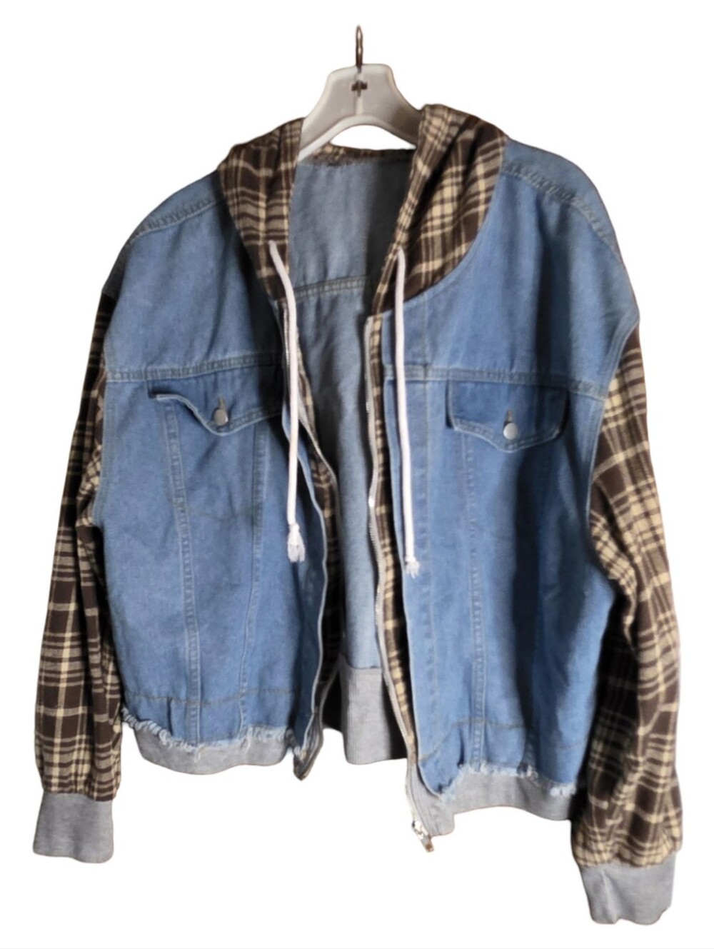 SHEIN Curve Denim Plaid Hooded Jacket Shacket Raw Hem Size 4XL Fits Like M/L
